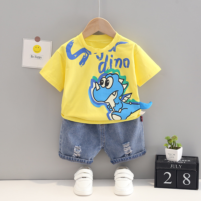 Yellow Dino Baby Tee & Jeans Shorts