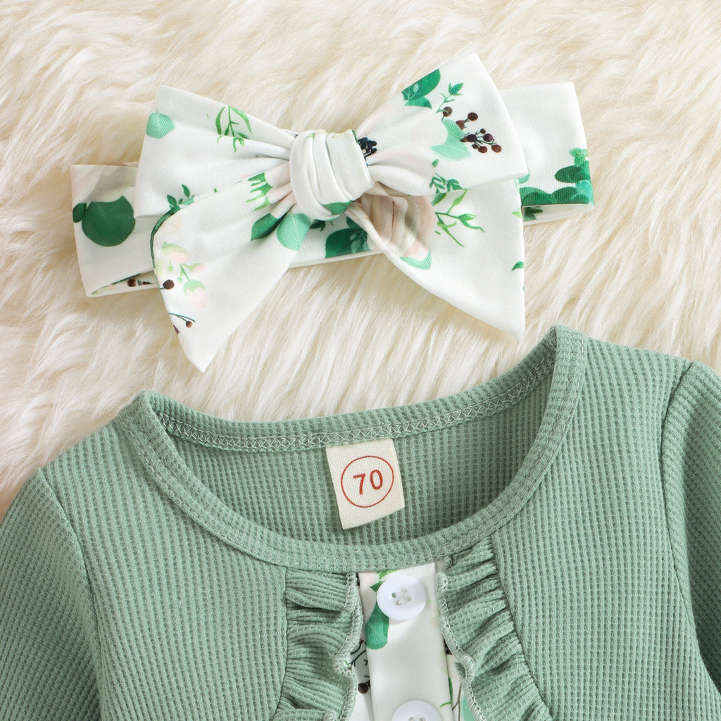 Floral Baby Green Ribbed Bodysuit Neck Zoom